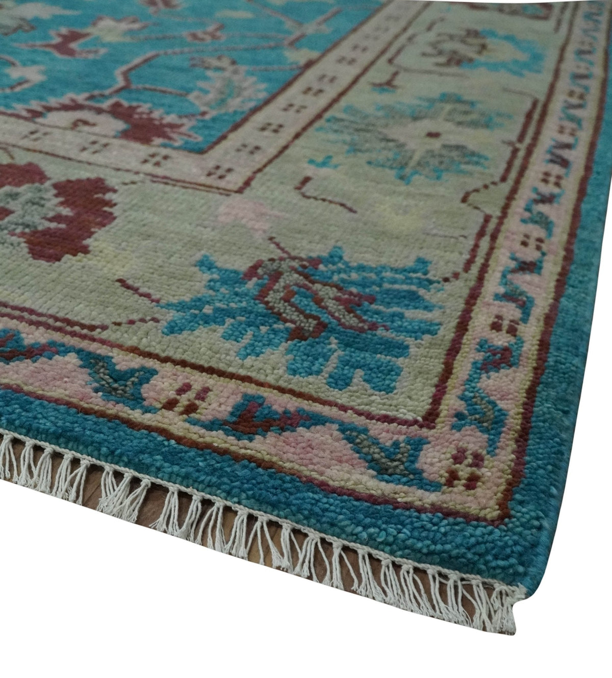 Hand Knotted Blue, Ivory and Maroon Oriental Oushak Multi Size Traditional Wool Area Rug