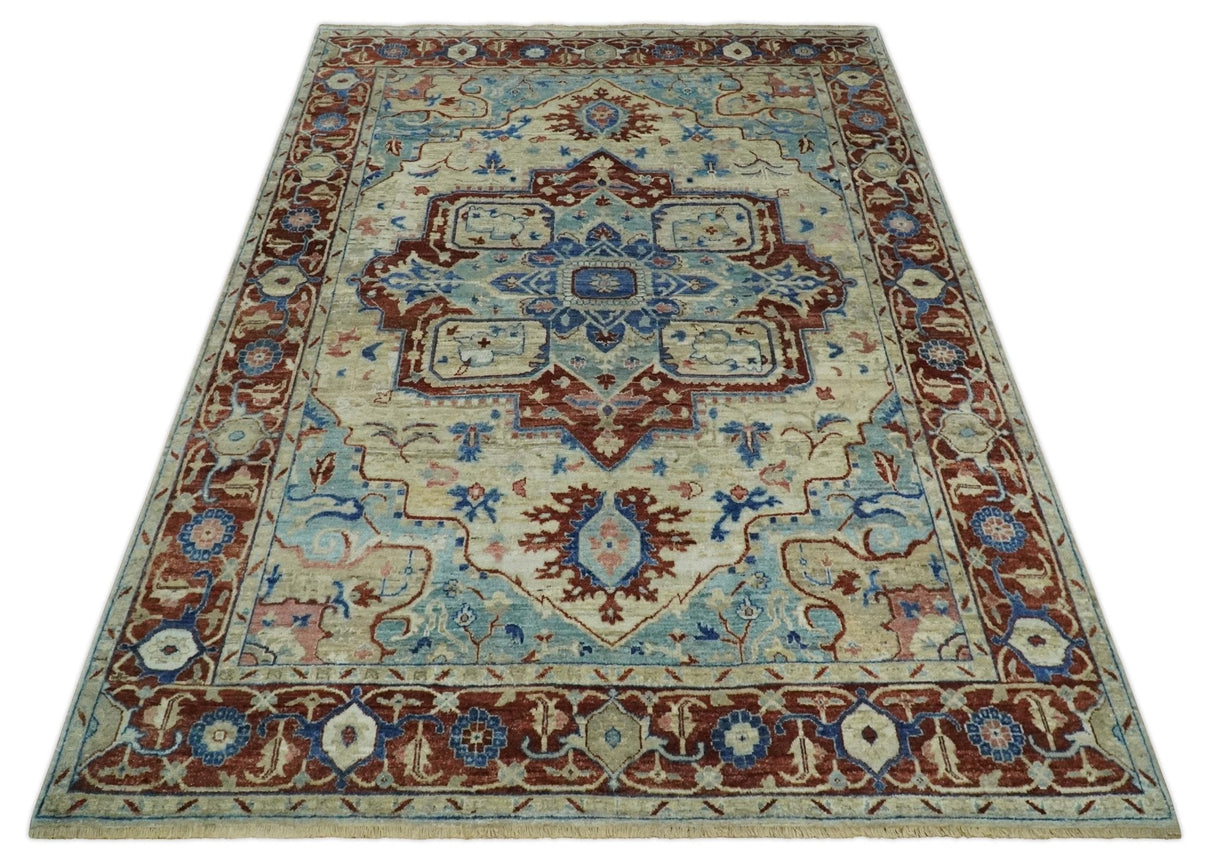 Hand Knotted Blue, Ivory and Rust Antique Persian Heriz Serapi Wool Rug
