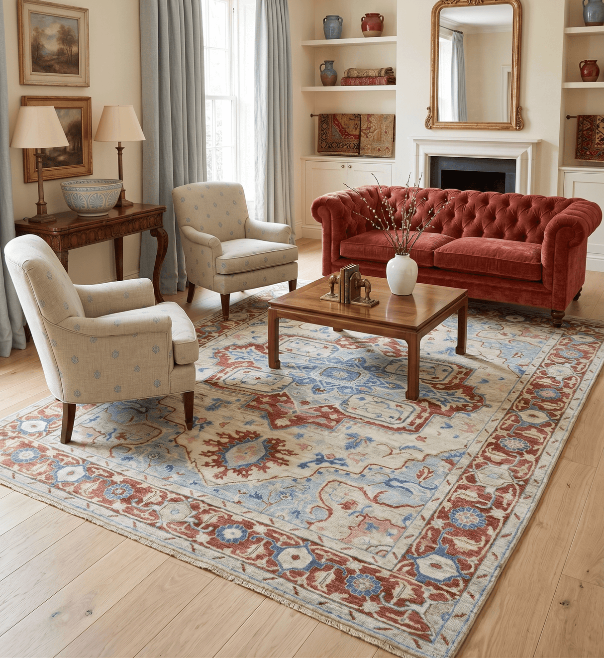 Hand Knotted Blue, Ivory and Rust Antique Persian Heriz Serapi Wool Rug