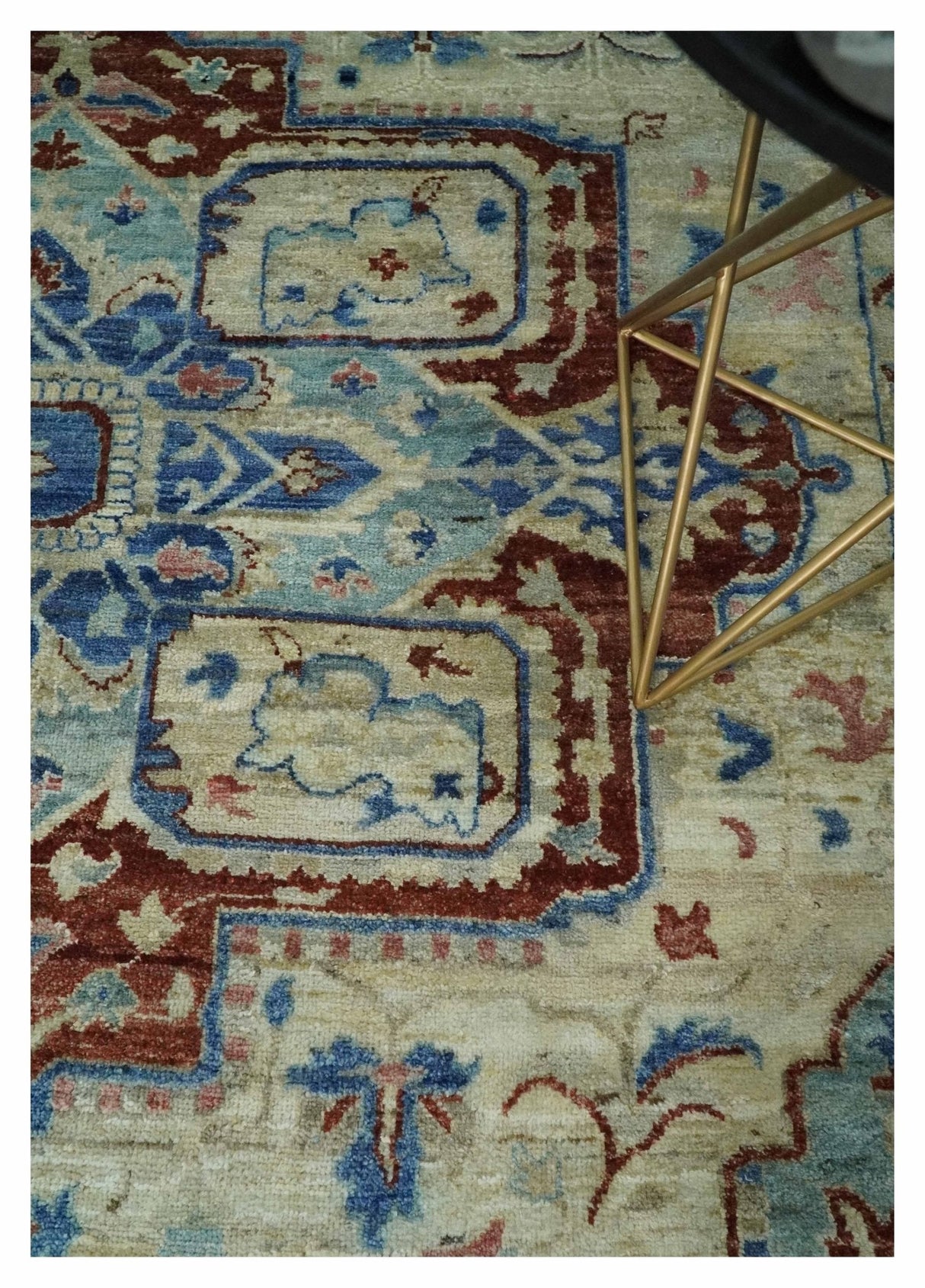 Hand Knotted Blue, Ivory and Rust Antique Persian Heriz Serapi Wool Rug