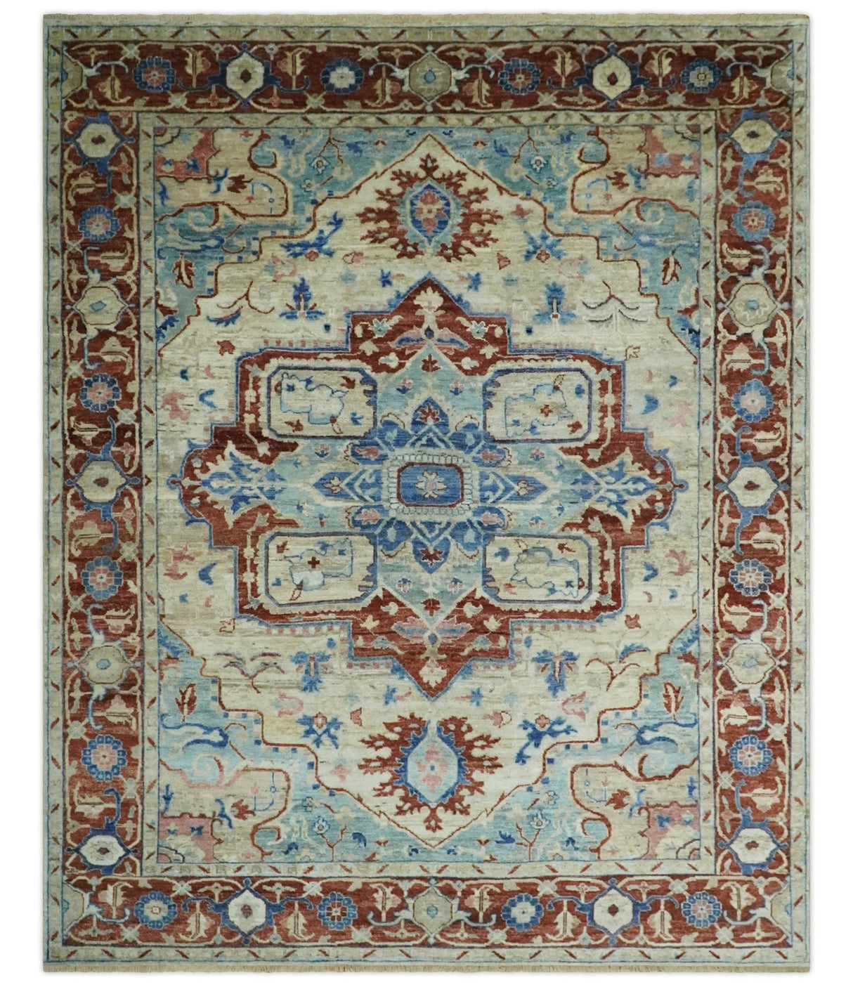 Hand Knotted Blue, Ivory and Rust Antique Persian Heriz Serapi Wool Rug