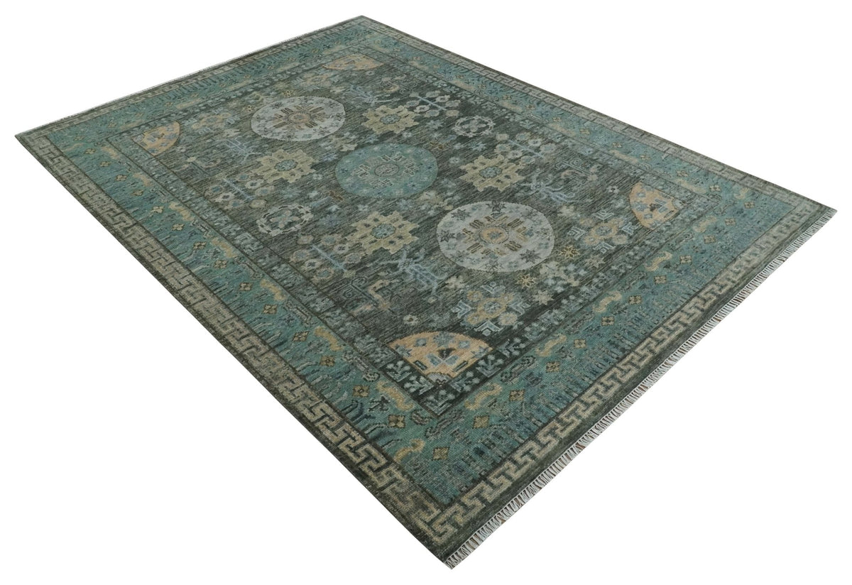 Hand Knotted Charcoal, and Aqua Oriental Khotan Multi Size Traditional Wool Area Rug