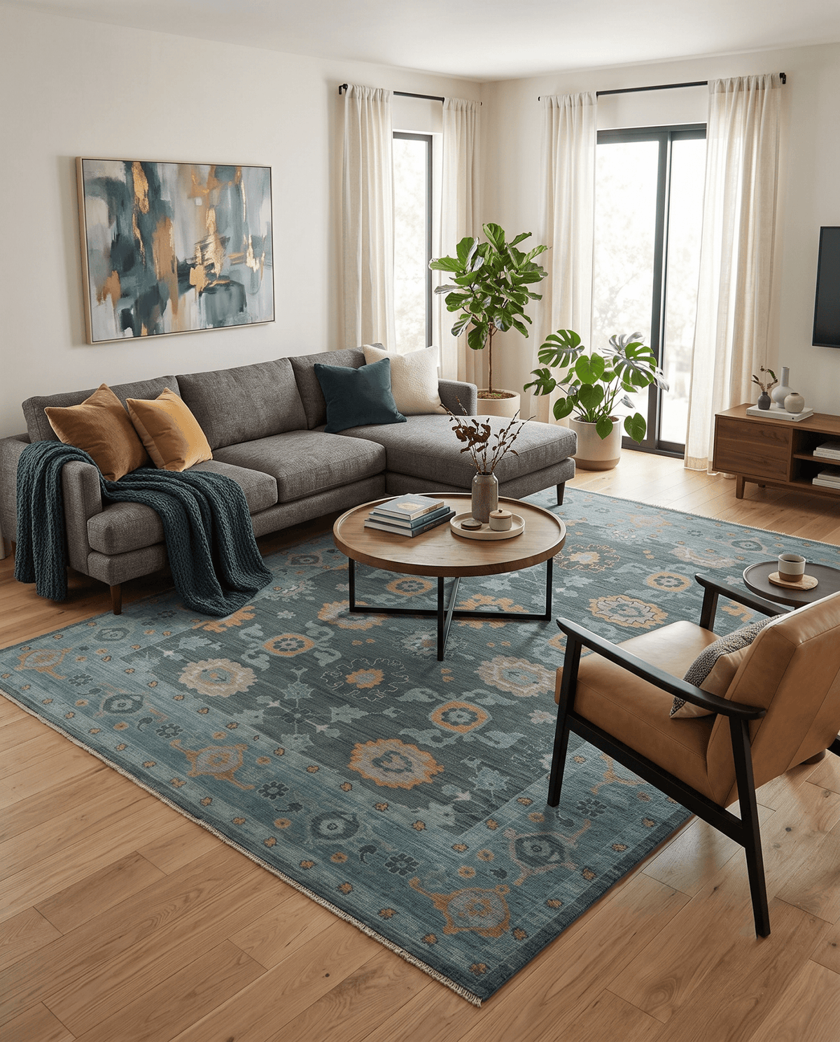 Hand Knotted Charcoal and Aqua Traditional Multi Size Oushak Wool Area Rug