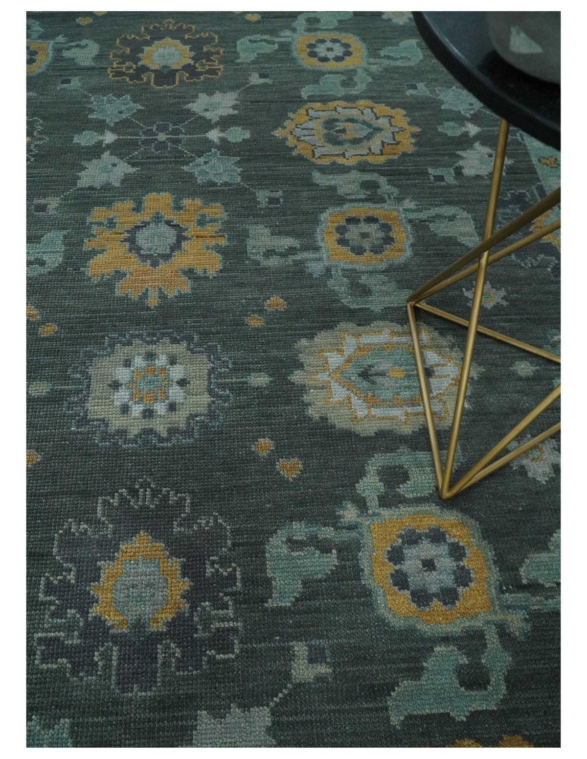 Hand Knotted Charcoal and Aqua Traditional Multi Size Oushak Wool Area Rug