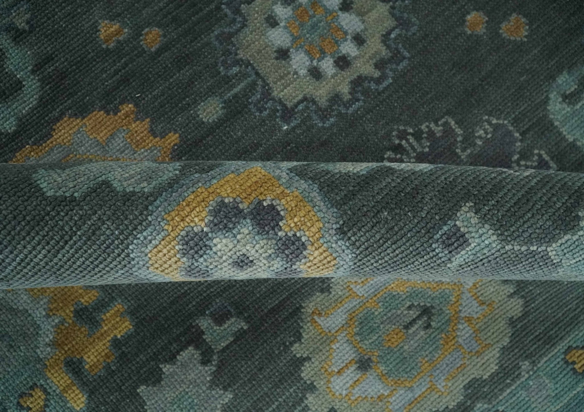 Hand Knotted Charcoal and Aqua Traditional Multi Size Oushak Wool Area Rug
