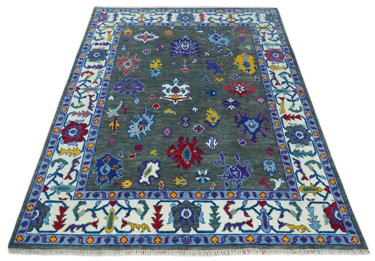 Hand Knotted Charcoal and Ivory Traditional Oushak Style Wool Rug