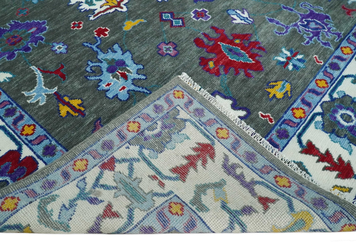 Hand Knotted Charcoal and Ivory Traditional Oushak Style Wool Rug