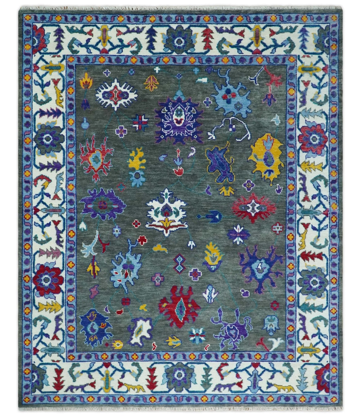 Hand Knotted Charcoal and Ivory Traditional Oushak Style Wool Rug