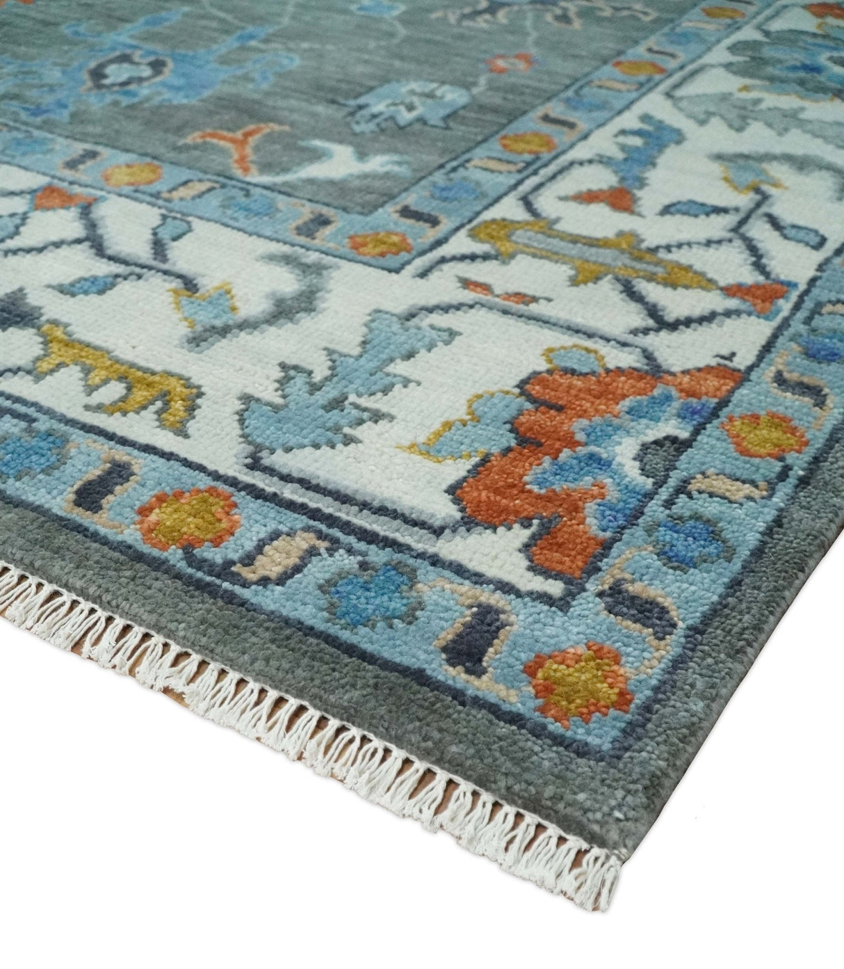 Hand Knotted Charcoal And Ivory Traditional Oushak Wool Area Rug