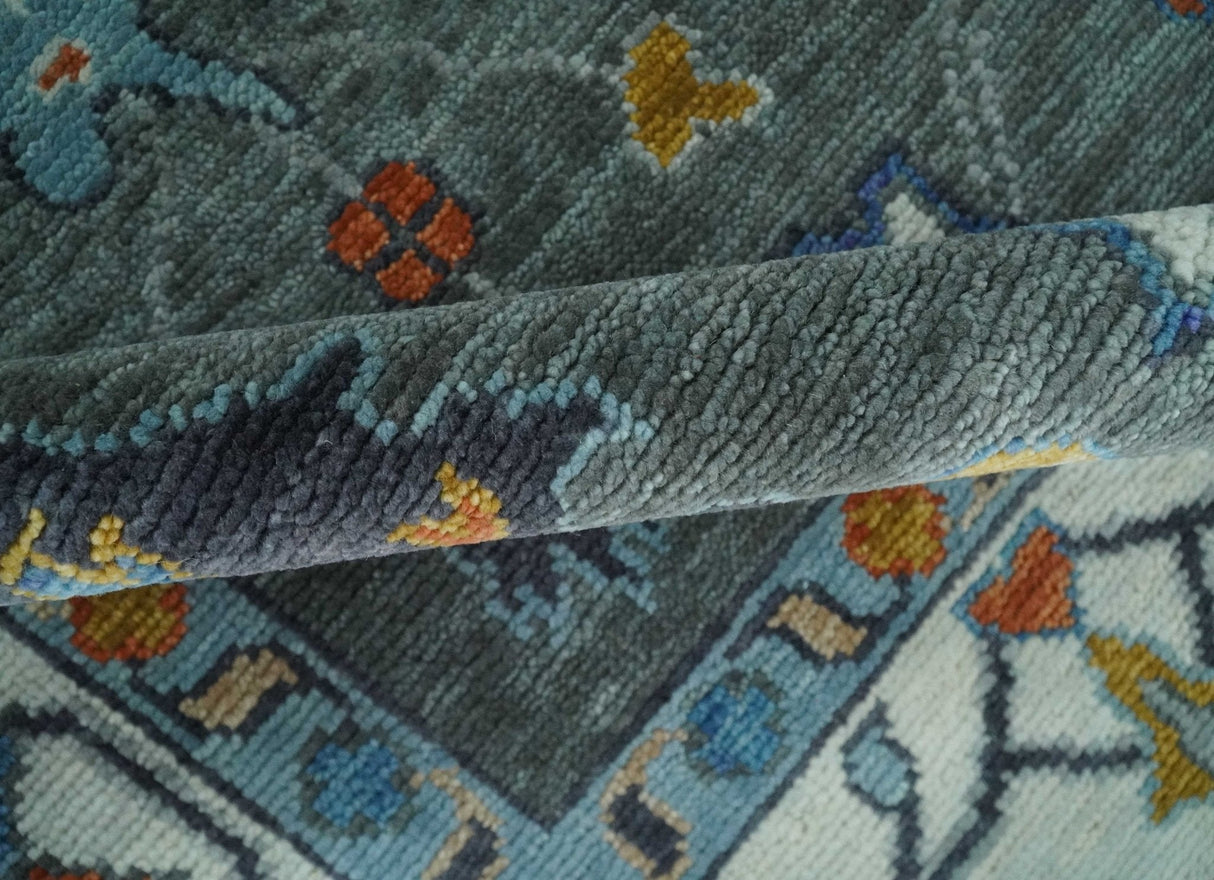 Hand Knotted Charcoal And Ivory Traditional Oushak Wool Area Rug