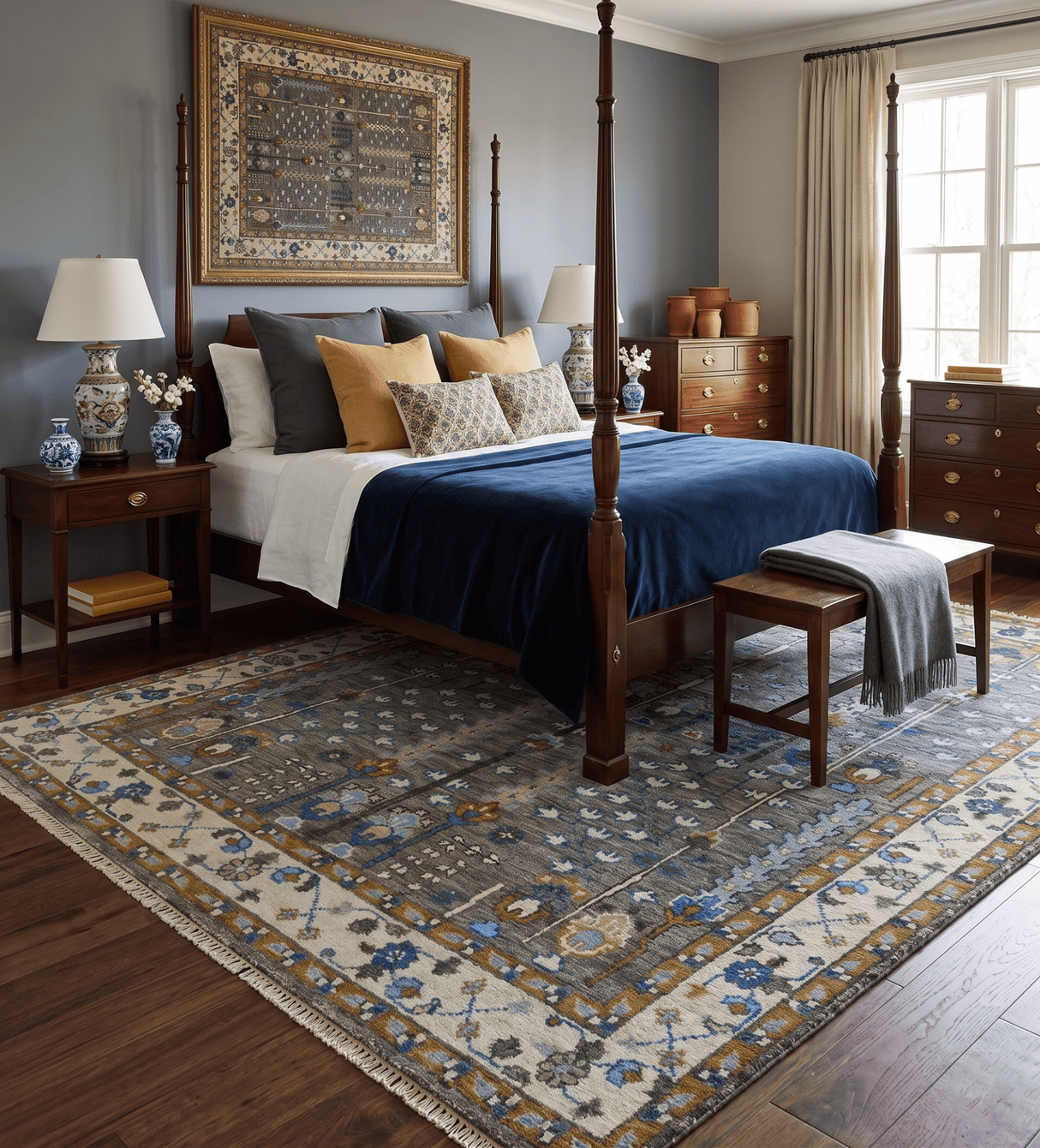 Hand Knotted Charcoal and Ivory Traditional Vintage Style Custom Made Wool Area Rug