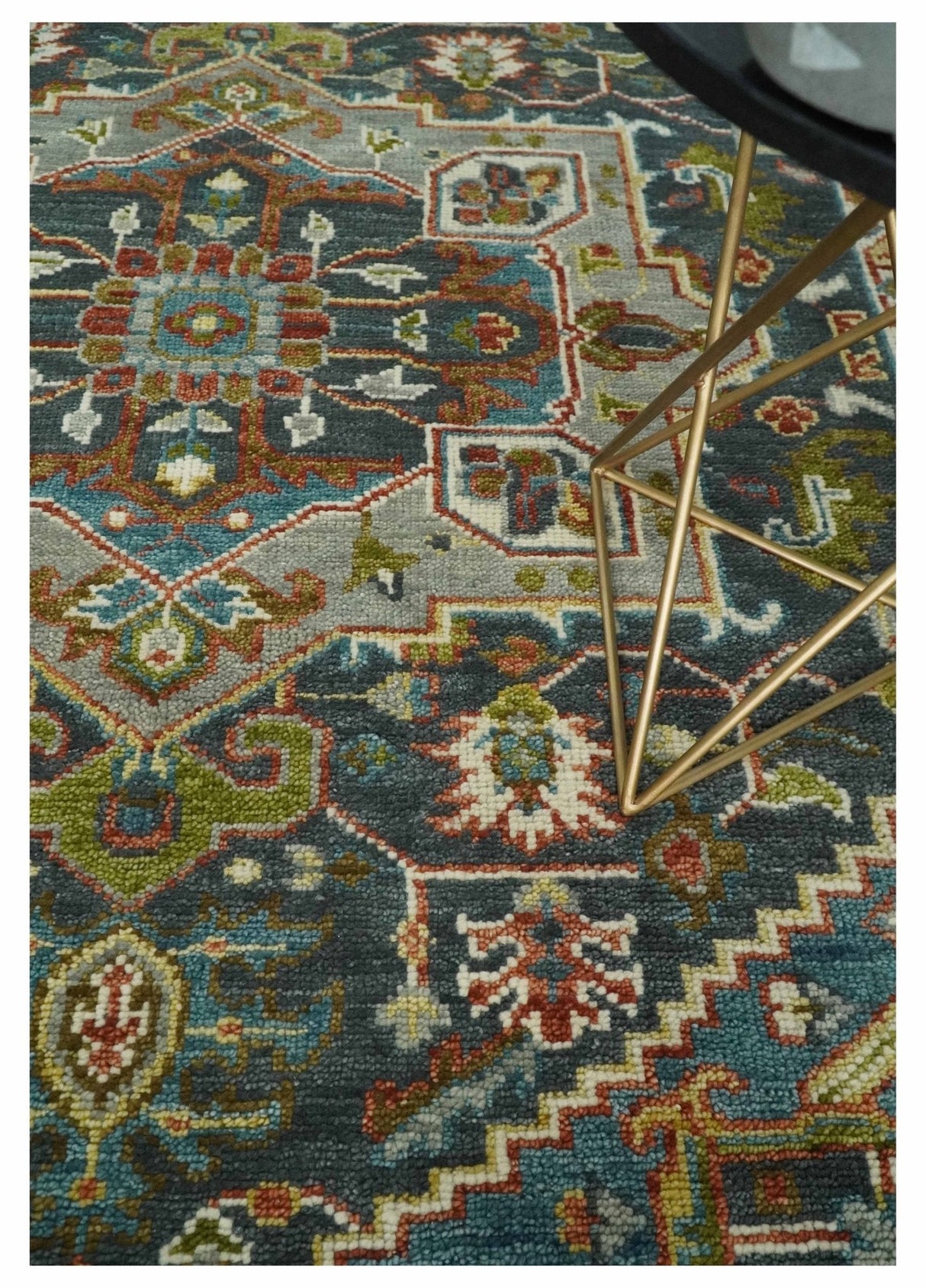 Hand Knotted Charcoal, Camel and Teal Traditional Heriz Multi size Wool Area Rug