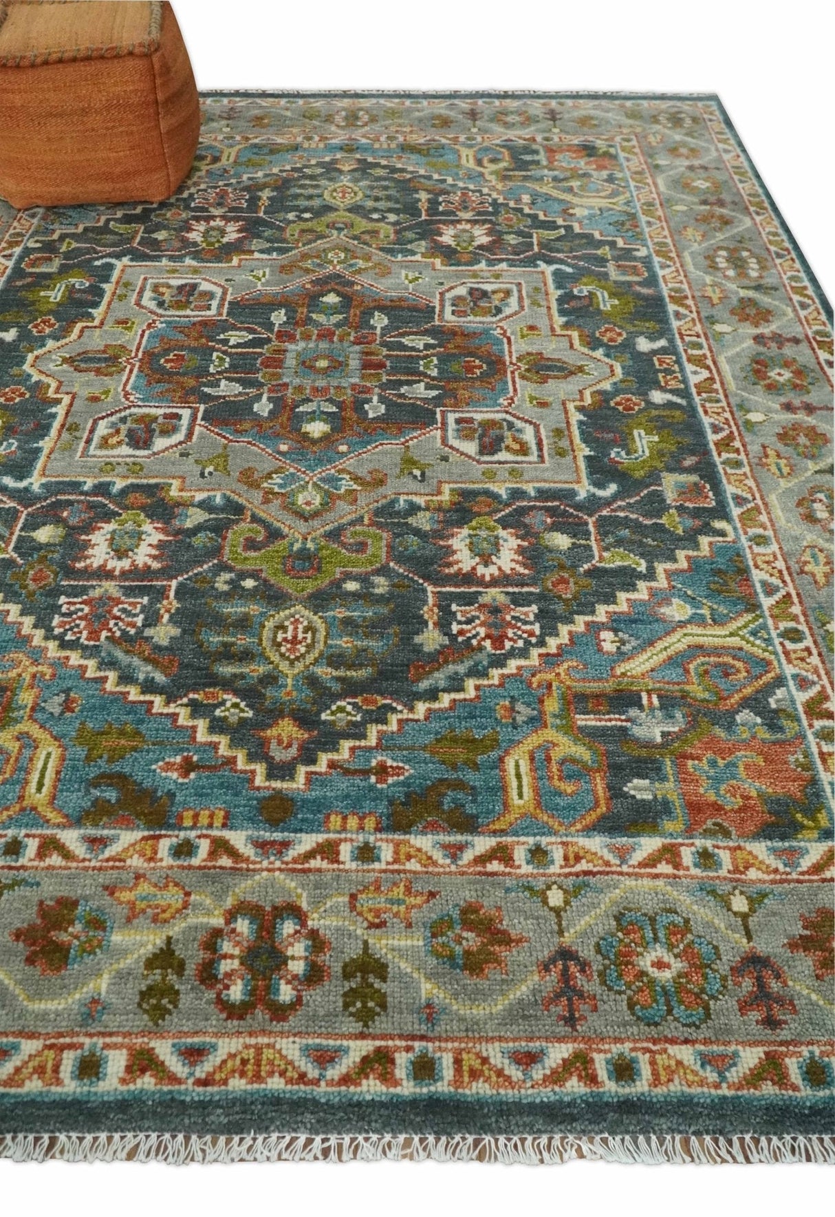 Hand Knotted Charcoal, Camel and Teal Traditional Heriz Multi size Wool Area Rug