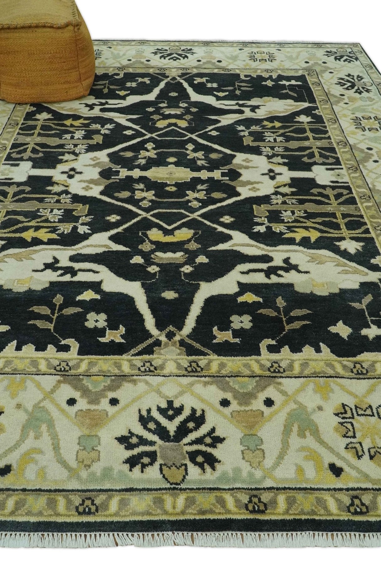 Hand Knotted Charcoal, Ivory and Olive Oriental Oushak 8x10 Wool Area Rug