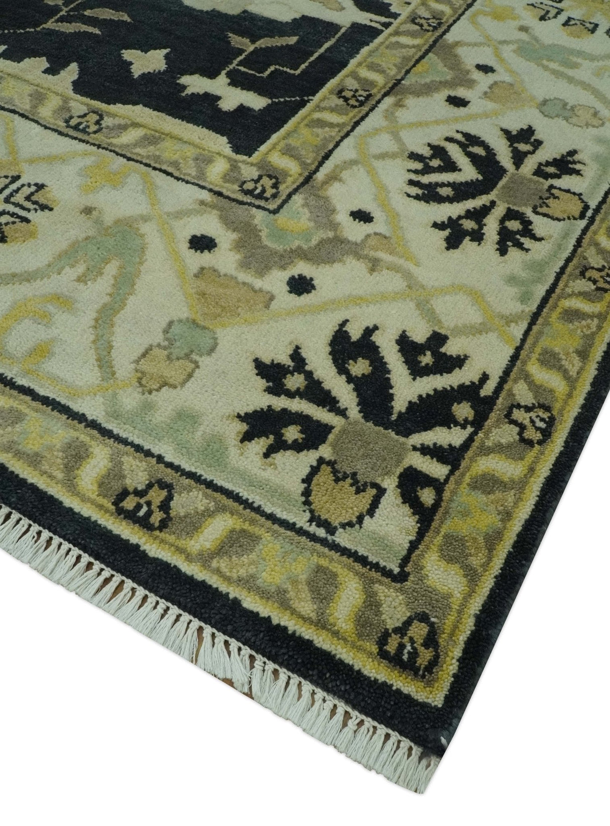 Hand Knotted Charcoal, Ivory and Olive Oriental Oushak 8x10 Wool Area Rug