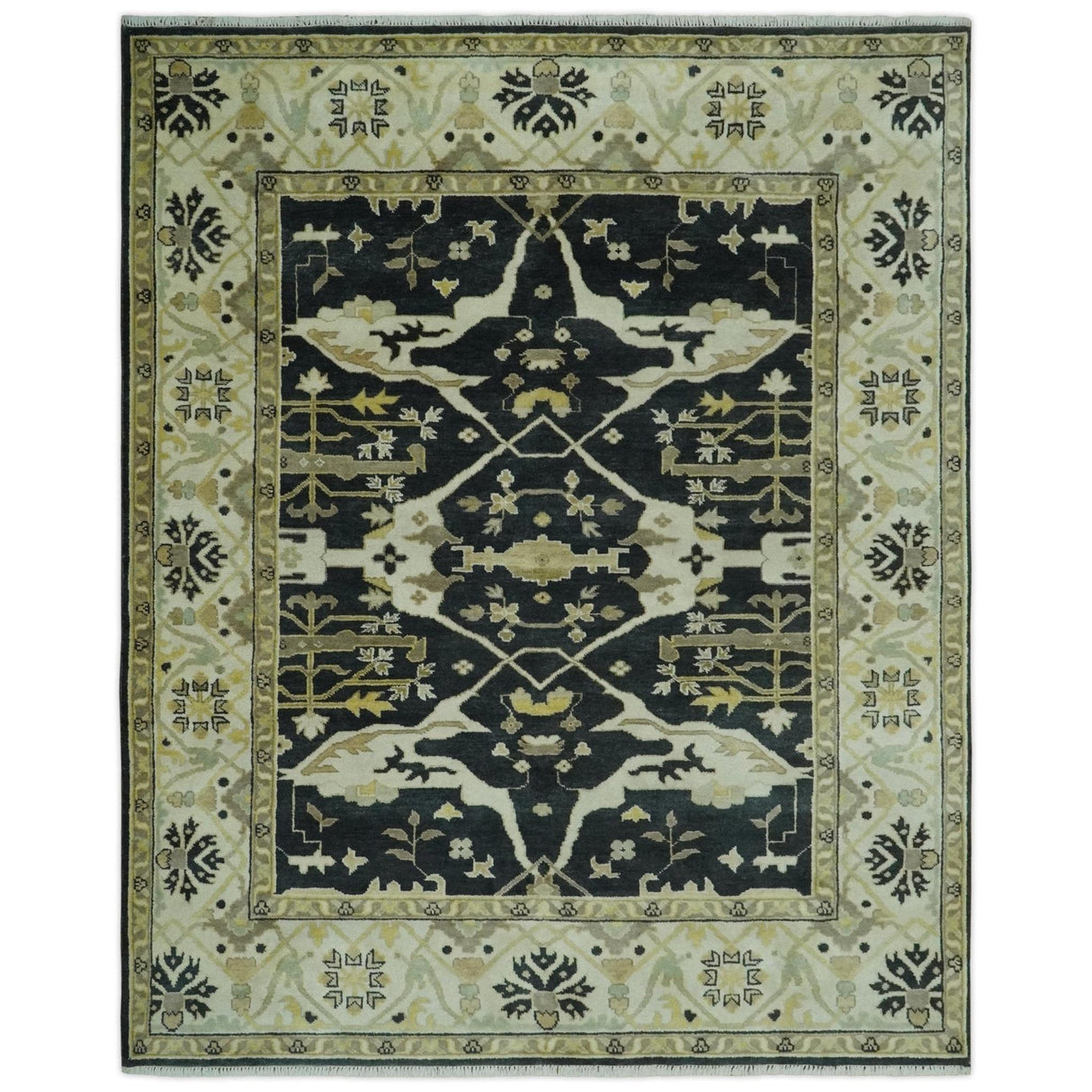 Hand Knotted Charcoal, Ivory and Olive Oriental Oushak 8x10 Wool Area Rug