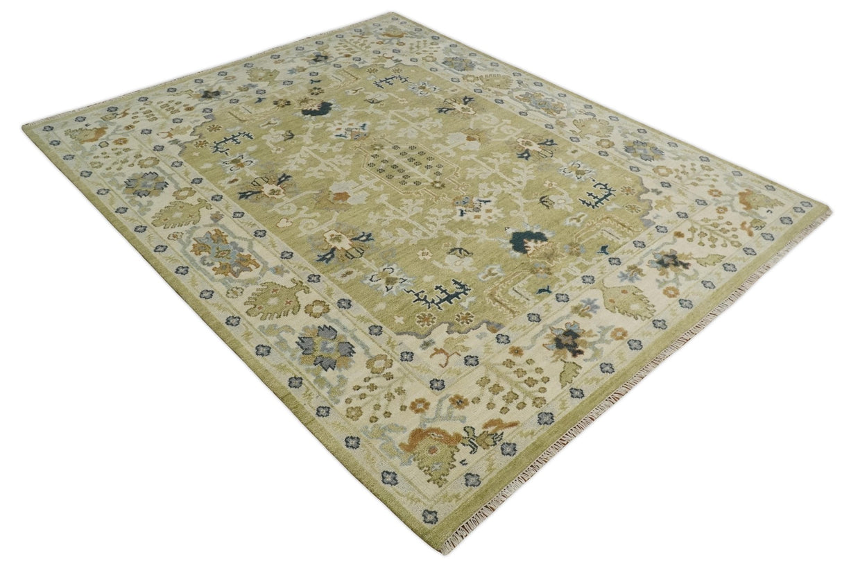 Hand Knotted Custom Made Olive, Silver and Beige Traditional Wool Rug
