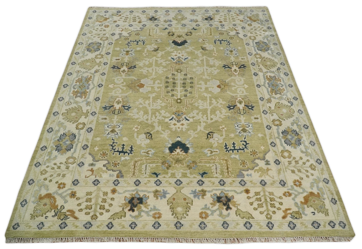 Hand Knotted Custom Made Olive, Silver and Beige Traditional Wool Rug