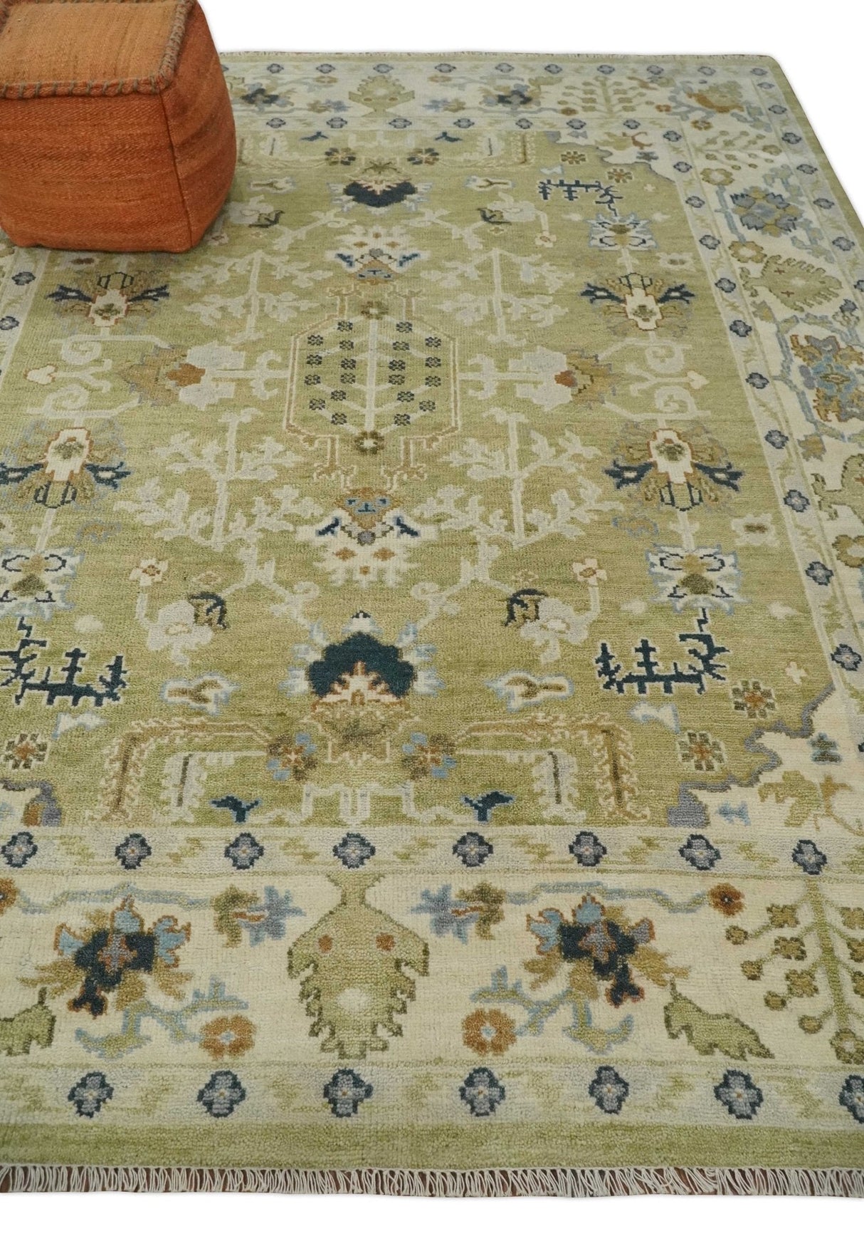 Hand Knotted Custom Made Olive, Silver and Beige Traditional Wool Rug