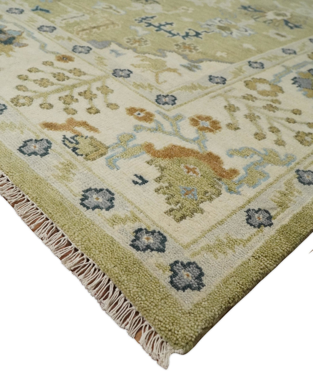 Hand Knotted Custom Made Olive, Silver and Beige Traditional Wool Rug