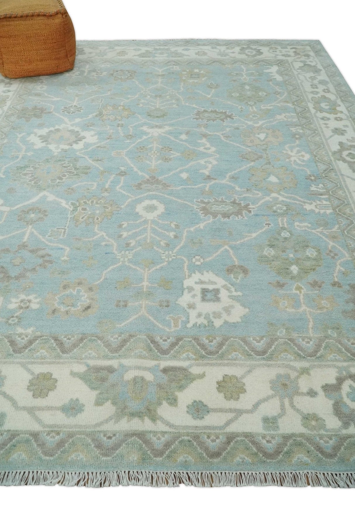 Hand Knotted Custom Made Oriental Oushak Aqua, Ivory and Beige Wool Area Rug