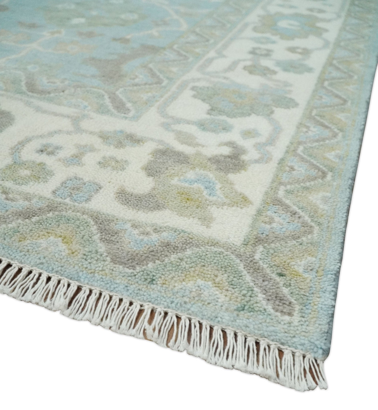 Hand Knotted Custom Made Oriental Oushak Aqua, Ivory and Beige Wool Area Rug