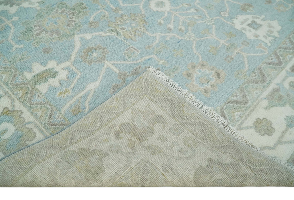 Hand Knotted Custom Made Oriental Oushak Aqua, Ivory and Beige Wool Area Rug