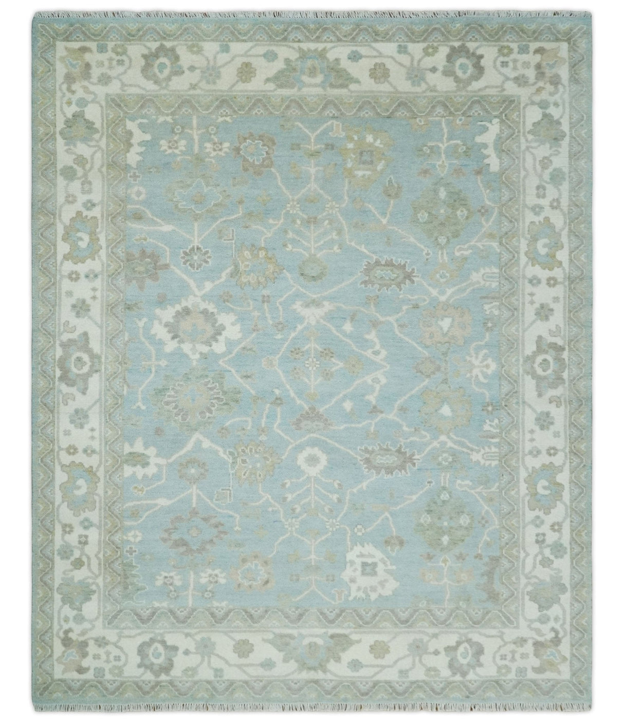Hand Knotted Custom Made Oriental Oushak Aqua, Ivory and Beige Wool Area Rug