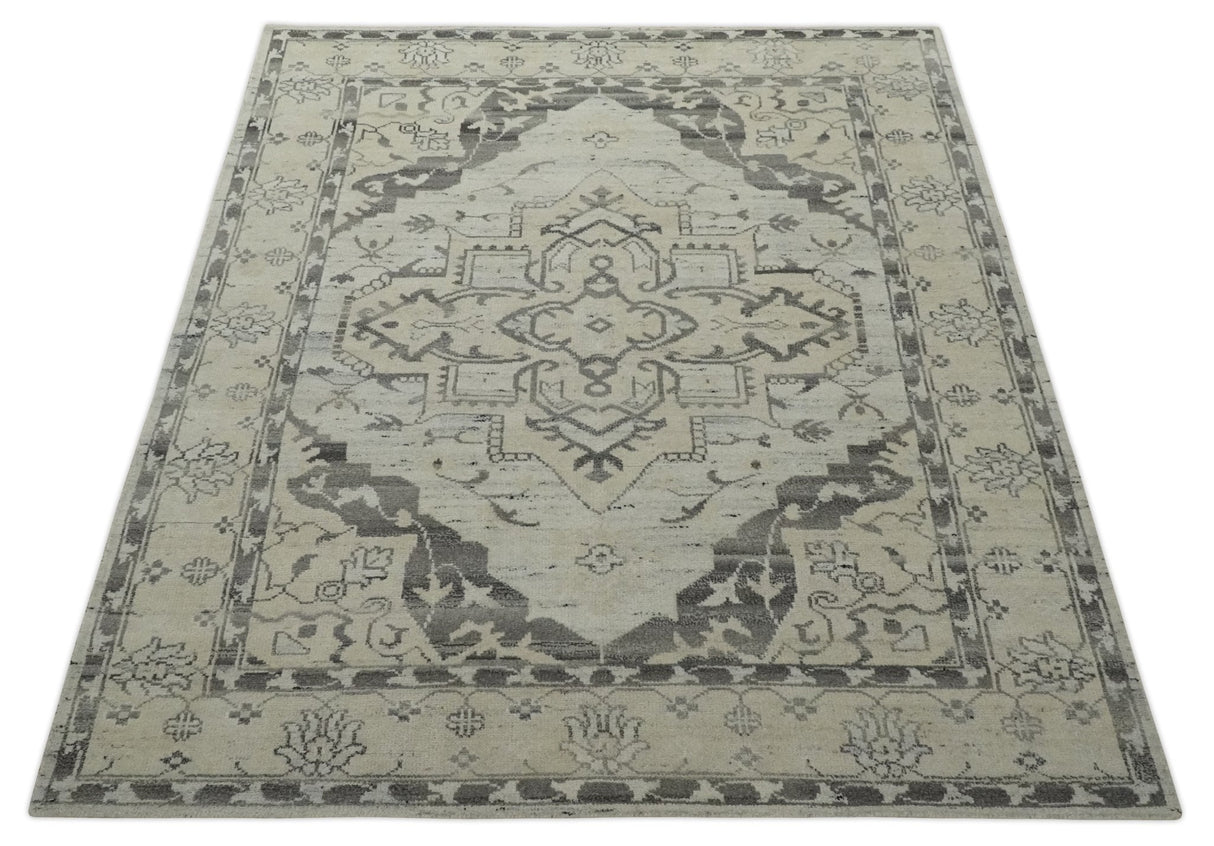 Hand Knotted Earthy Neutral Serapi Wool Rug, Charcoal, Beige and Ivory-Area Rug-Parc Decor