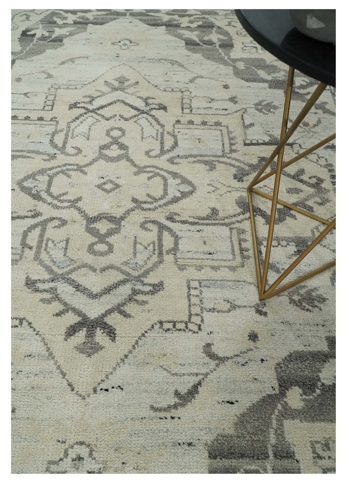 Hand Knotted Earthy Neutral Serapi Wool Rug, Charcoal, Beige and Ivory-Area Rug-Parc Decor