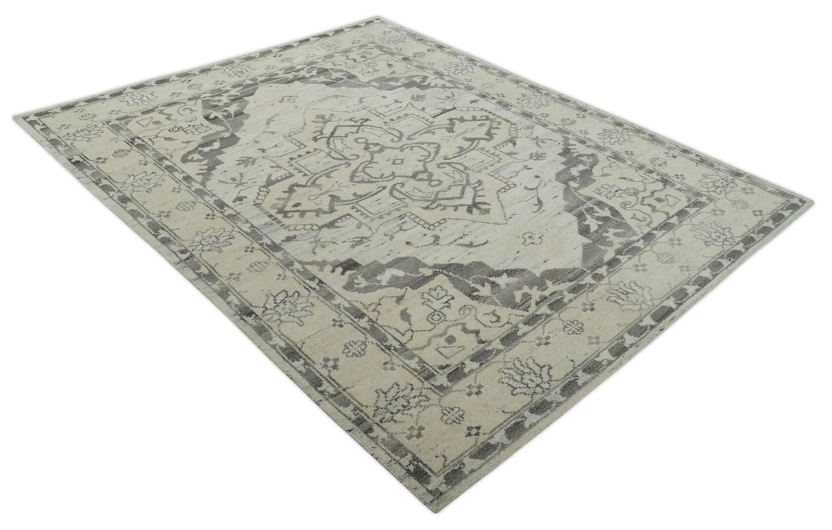 Hand Knotted Earthy Neutral Serapi Wool Rug, Charcoal, Beige and Ivory-Area Rug-Parc Decor