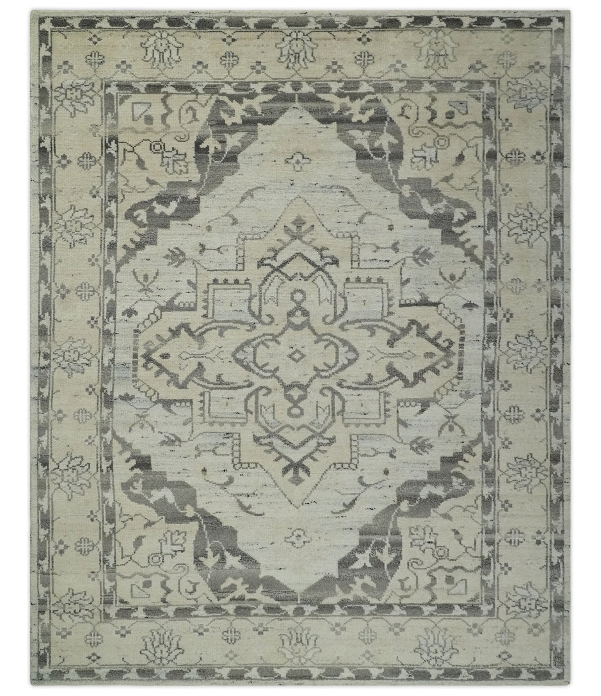 Hand Knotted Earthy Neutral Serapi Wool Rug, Charcoal, Beige and Ivory-Area Rug-Parc Decor