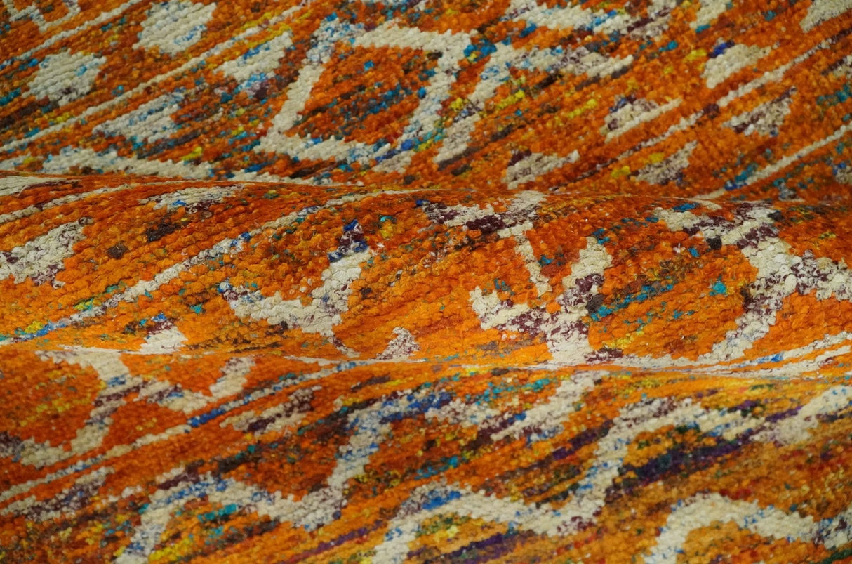 Hand Knotted Gold, Rust and Ivory Modern Contemporary Tribal Trellis Recycled Silk Area Rug