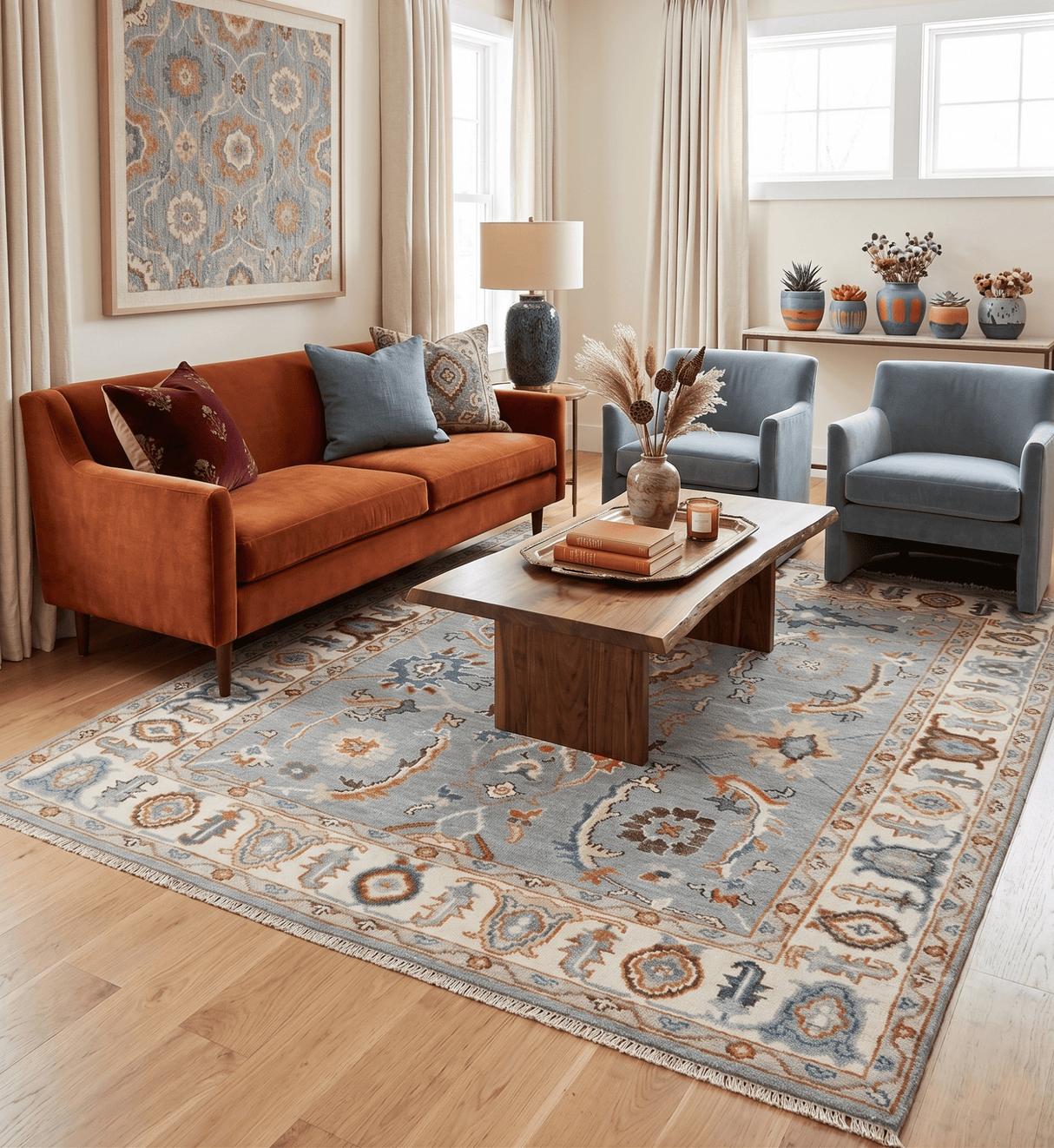 Hand Knotted Gray and Ivory Traditional Oriental Oushak Custom Made Wool Area Rug
