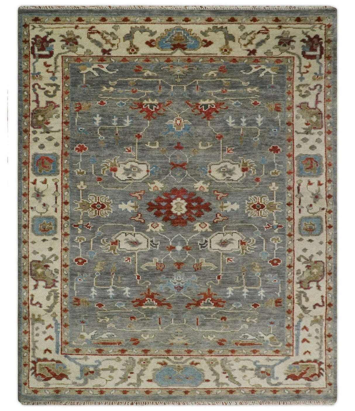Hand Knotted Gray, Red and Beige Traditional Vintage Style Custom Made Wool Area Rug