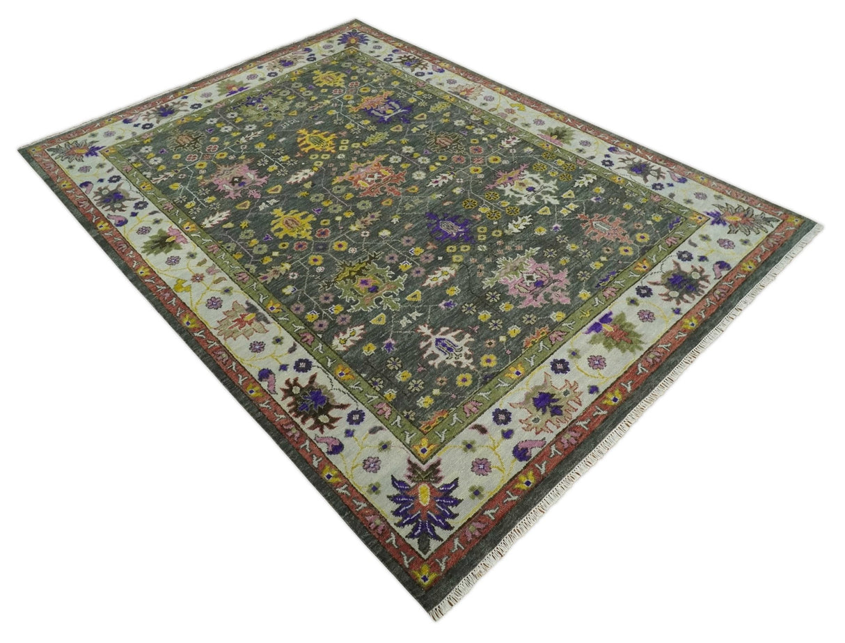 Hand Knotted Green And Ivory Traditional Oushak Custom Made Wool Area Rug