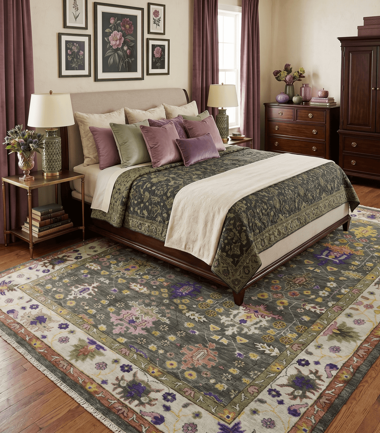 Hand Knotted Green And Ivory Traditional Oushak Custom Made Wool Area Rug