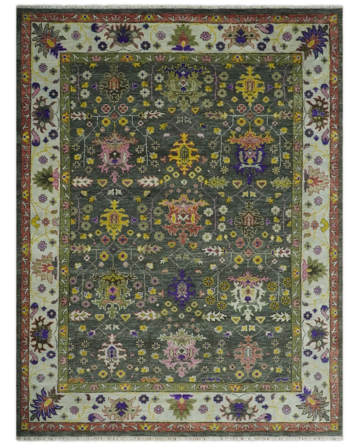 Hand Knotted Green And Ivory Traditional Oushak Custom Made Wool Area Rug