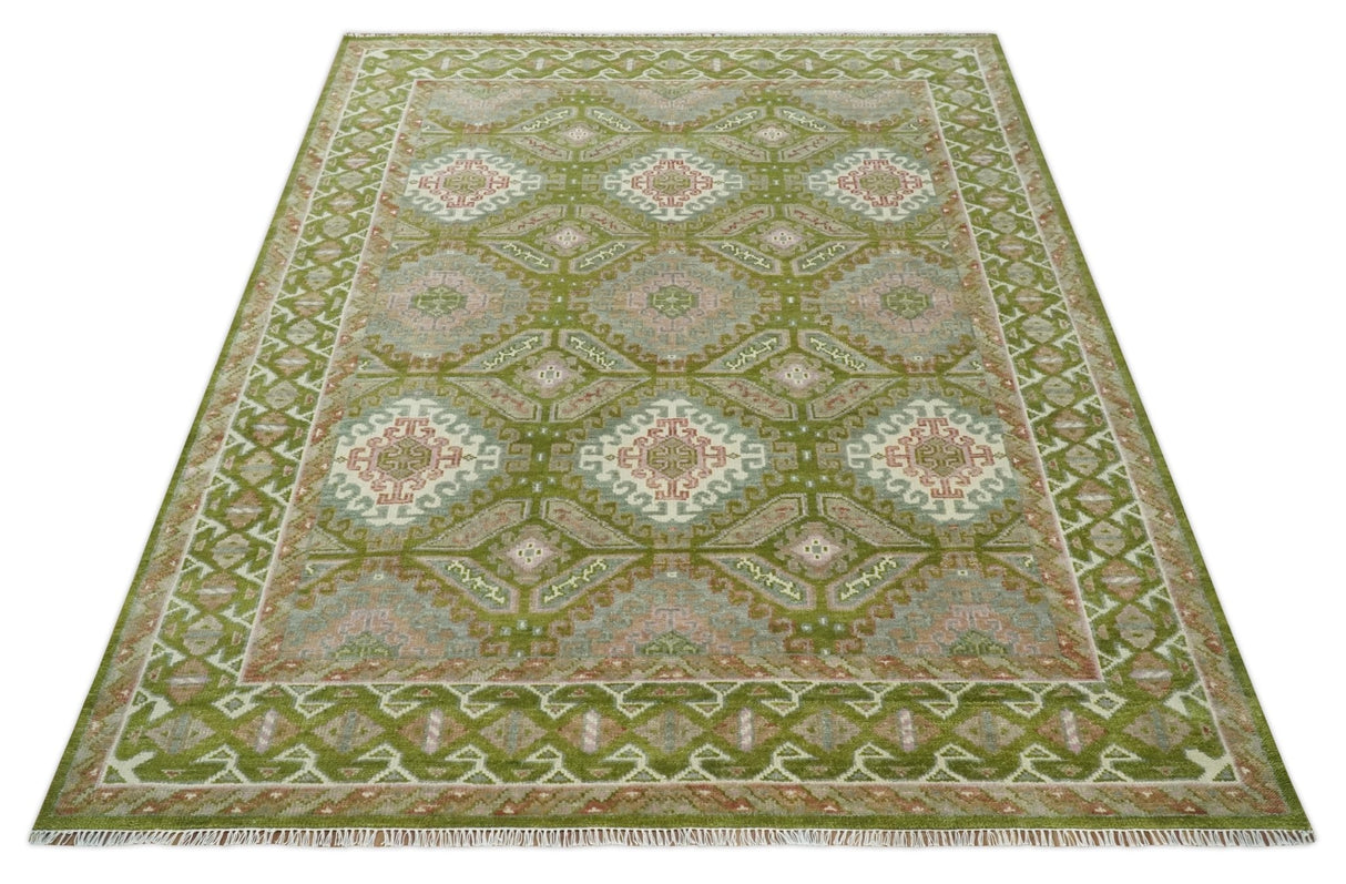 Hand Knotted Green, Ivory and Silver Oriental Traditional Multi Size Wool Area Rug