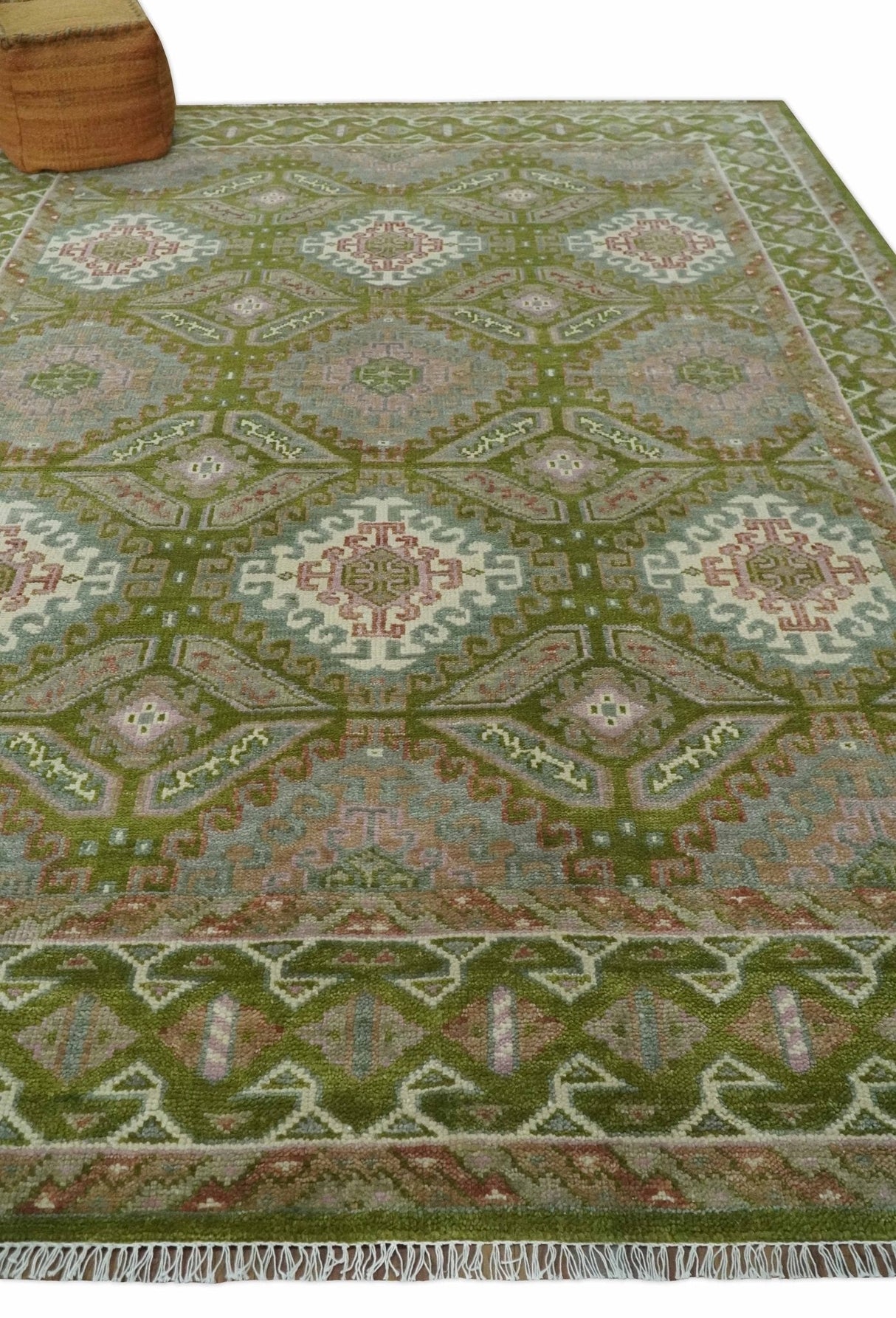 Hand Knotted Green, Ivory and Silver Oriental Traditional Multi Size Wool Area Rug