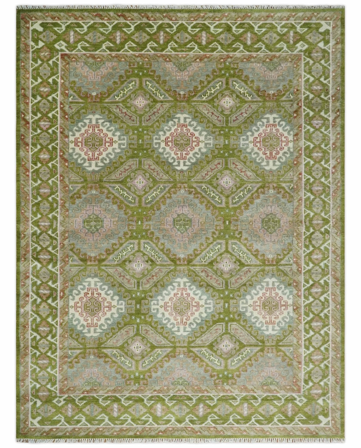 Hand Knotted Green, Ivory and Silver Oriental Traditional Multi Size Wool Area Rug