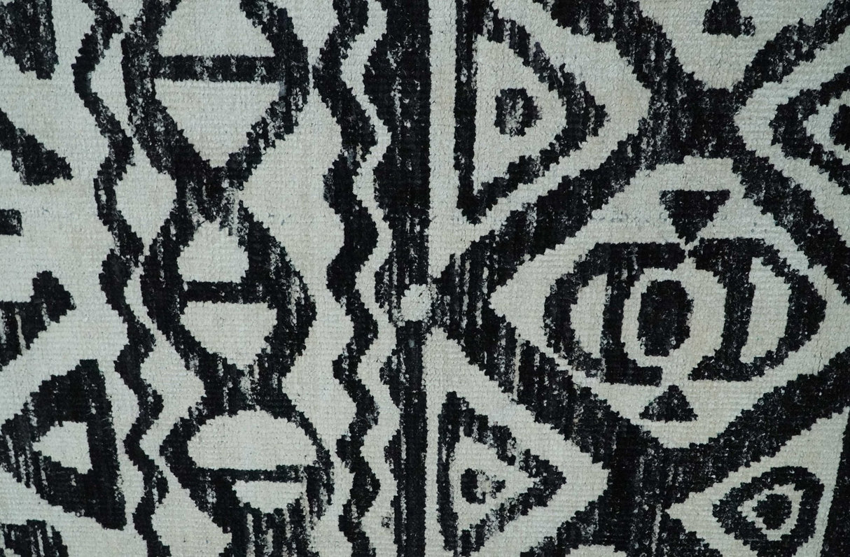 Hand Knotted Ivory and Black Modern Contemporary Recycled Silk Area Rug