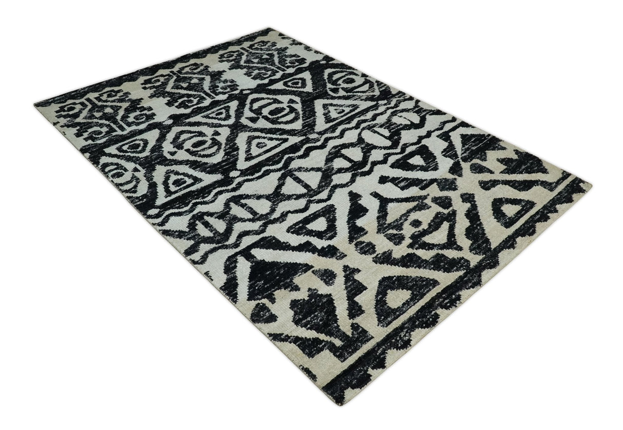 Hand Knotted Ivory and Black Modern Contemporary Recycled Silk Area Rug