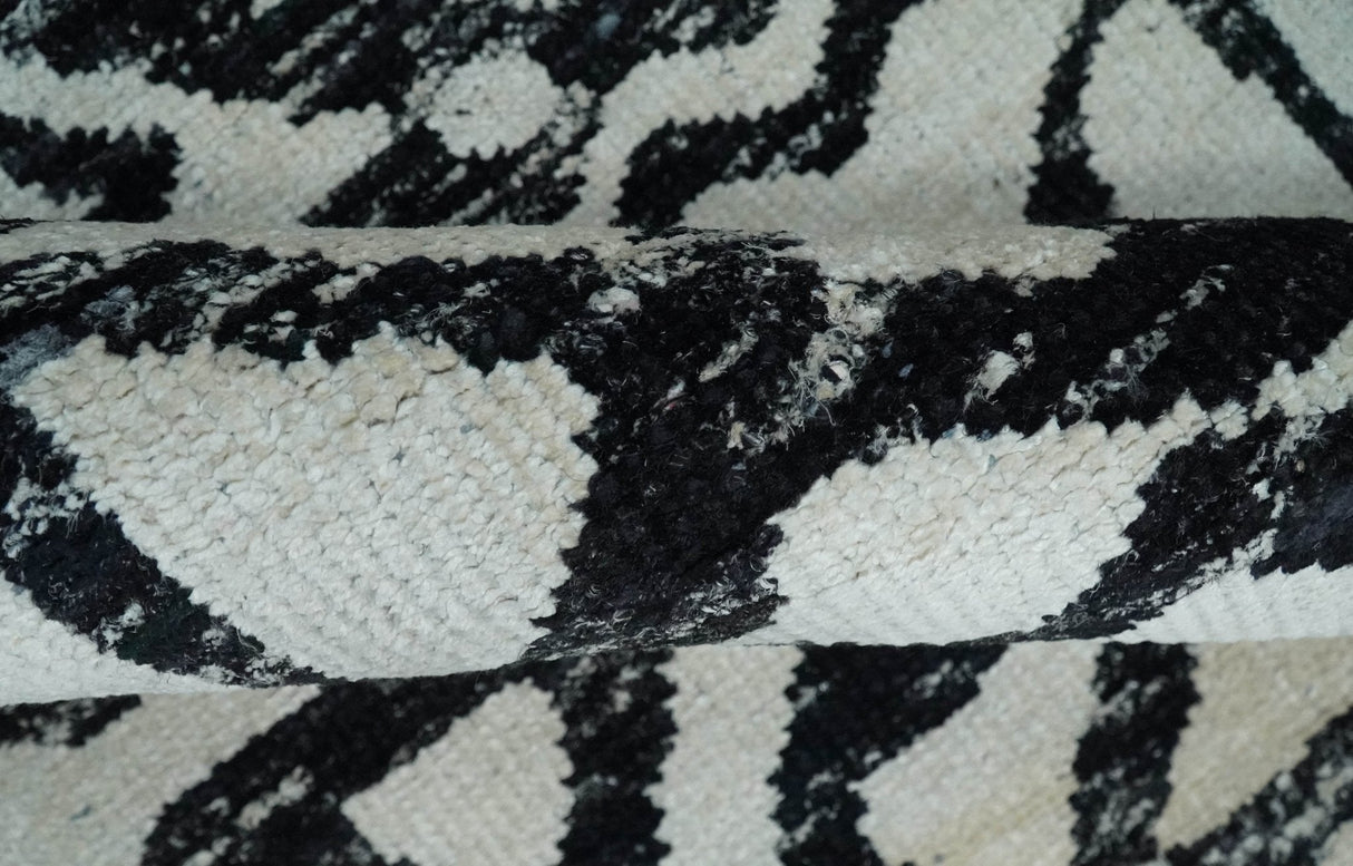 Hand Knotted Ivory and Black Modern Contemporary Recycled Silk Area Rug