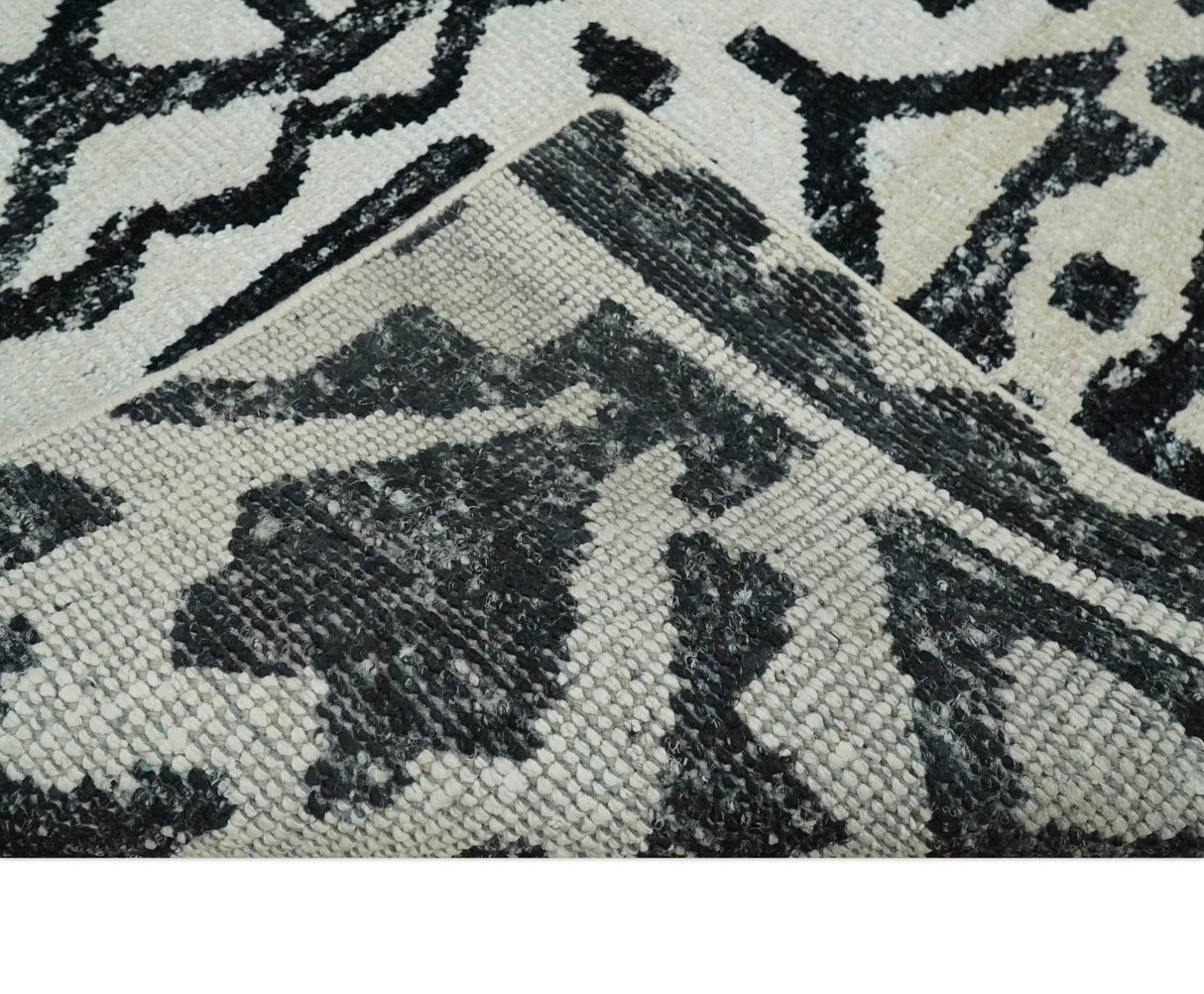 Hand Knotted Ivory and Black Modern Contemporary Recycled Silk Area Rug