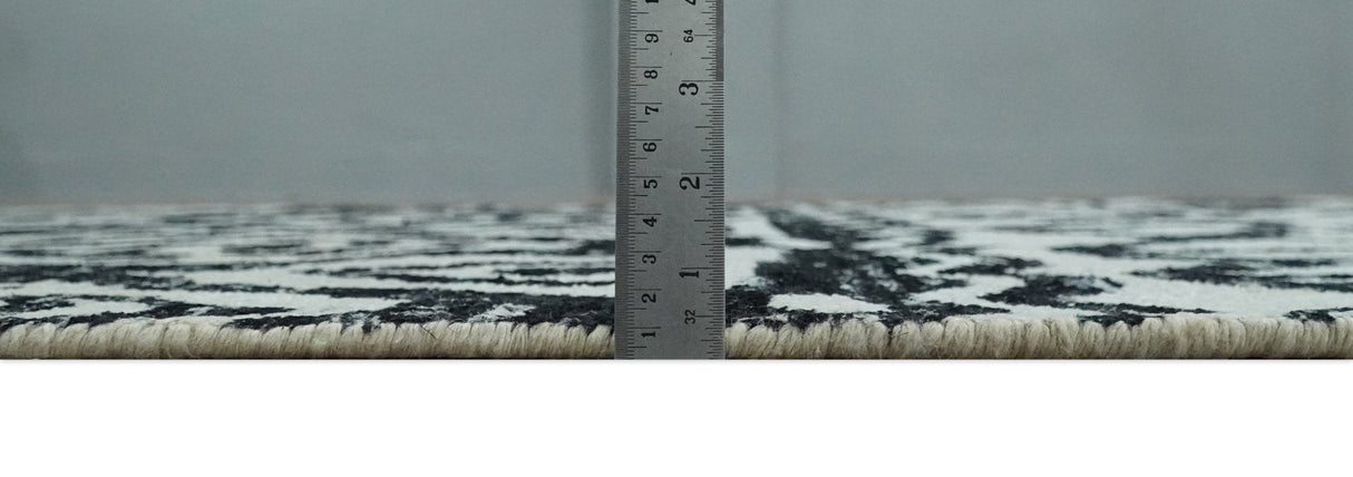 Hand Knotted Ivory and Black Modern Contemporary Recycled Silk Area Rug