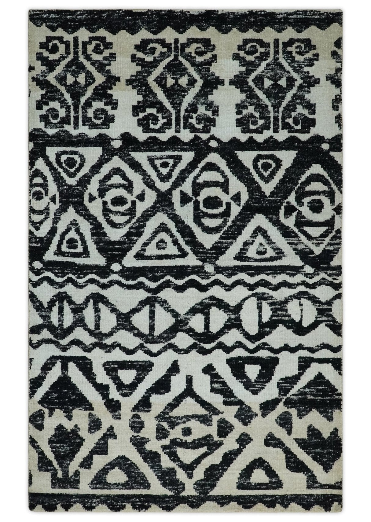 Hand Knotted Ivory and Black Modern Contemporary Recycled Silk Area Rug