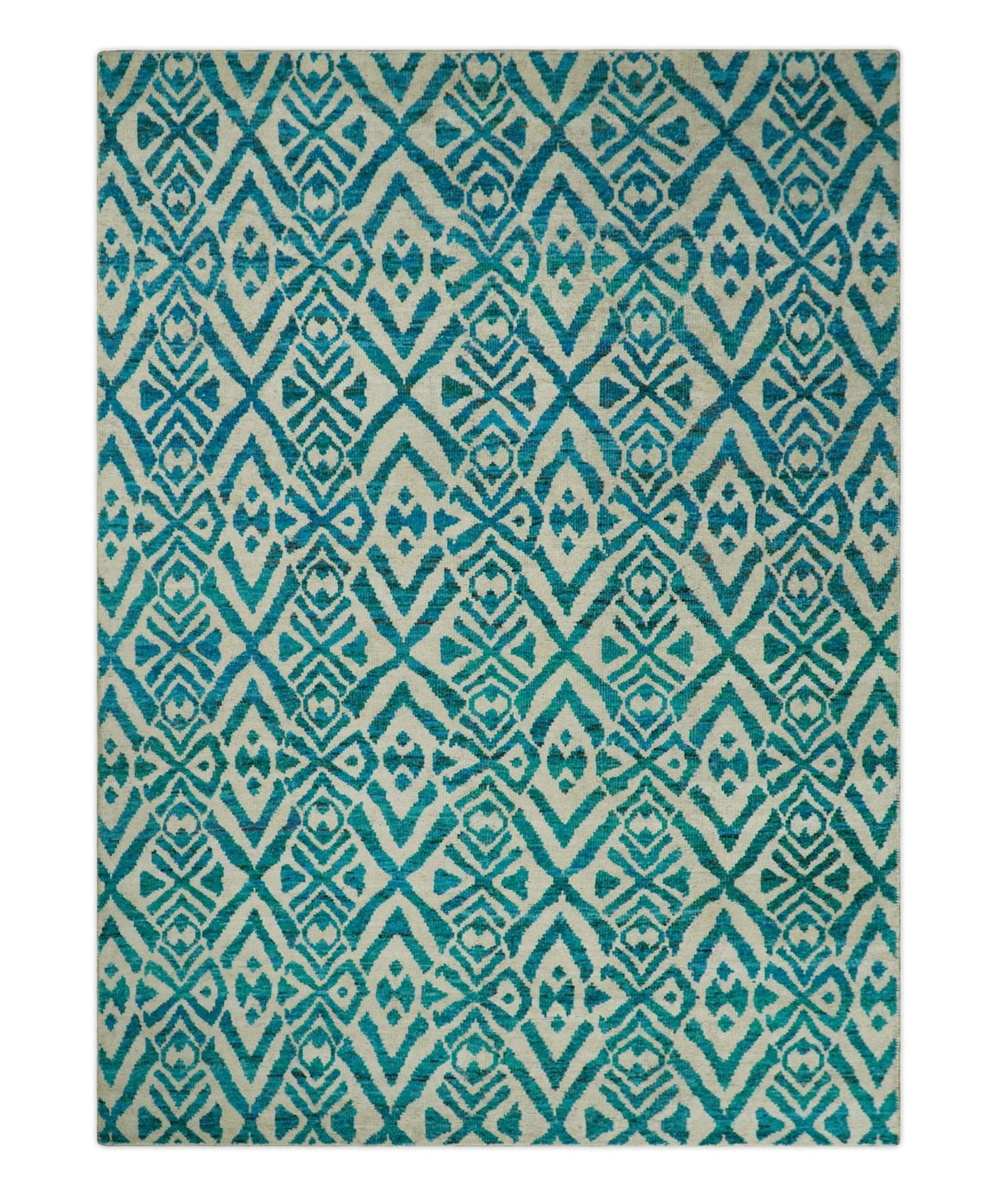 Hand Knotted Ivory and Blue Modern Contemporary Southwestern Tribal Trellis Recycled Silk Area Rug