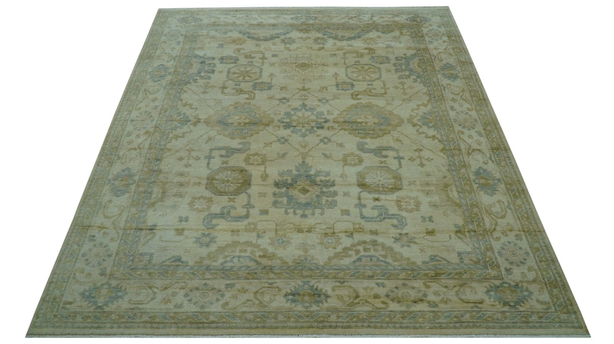 Hand Knotted Ivory And Blue Traditional Oushak Design 8x10 Wool Area Rug