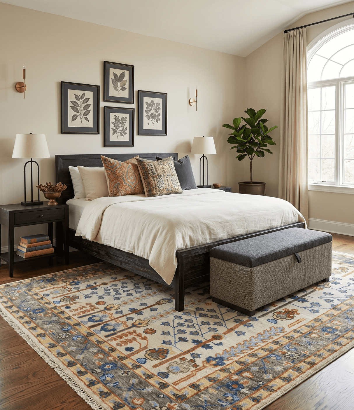 Hand Knotted Ivory and Charcoal Traditional Vintage Style Custom Made Wool Area Rug